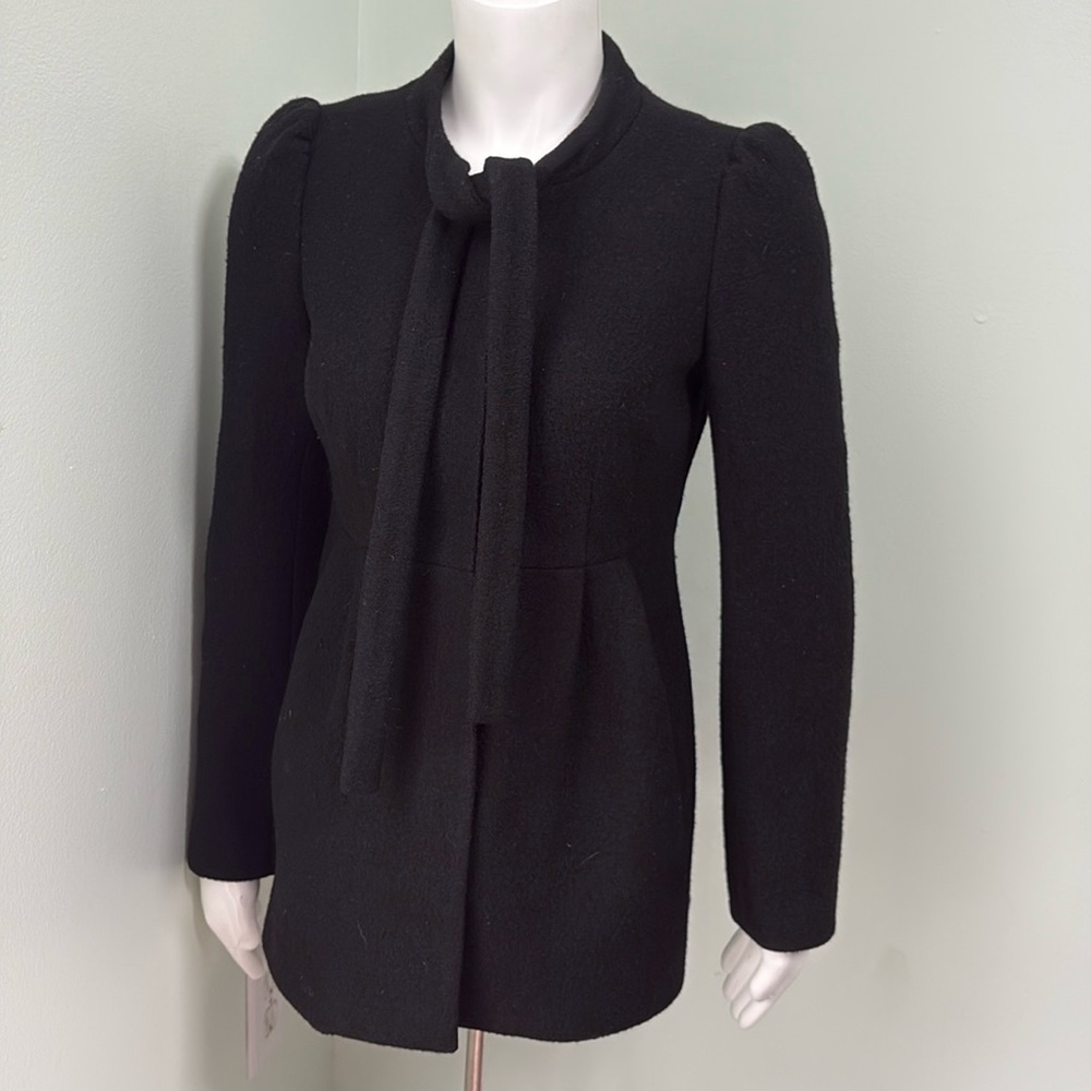 ANTHROPOLOGIE Elevenses Wool Coat Black Tie Neck Snap Front Pockets size 0